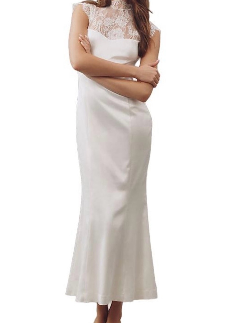 BHLDN Ivory Cap Sleeve Lace Satin Maxi Dress